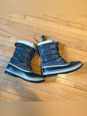 Sorel Gray Boots with Purple & Green Aztec Accents